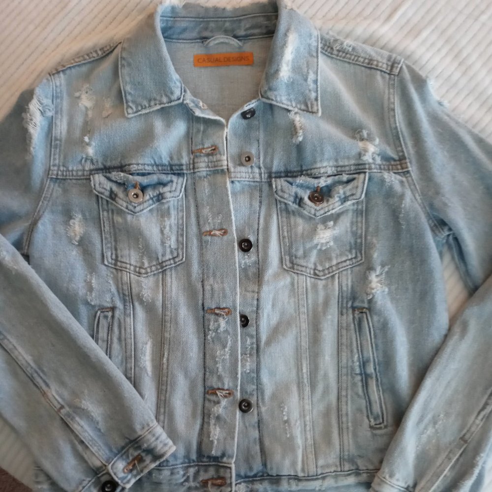 #30 "Casual Designs" Distressed Blue Jean Trucker Jacket. Cut-off Bohemian Coat.